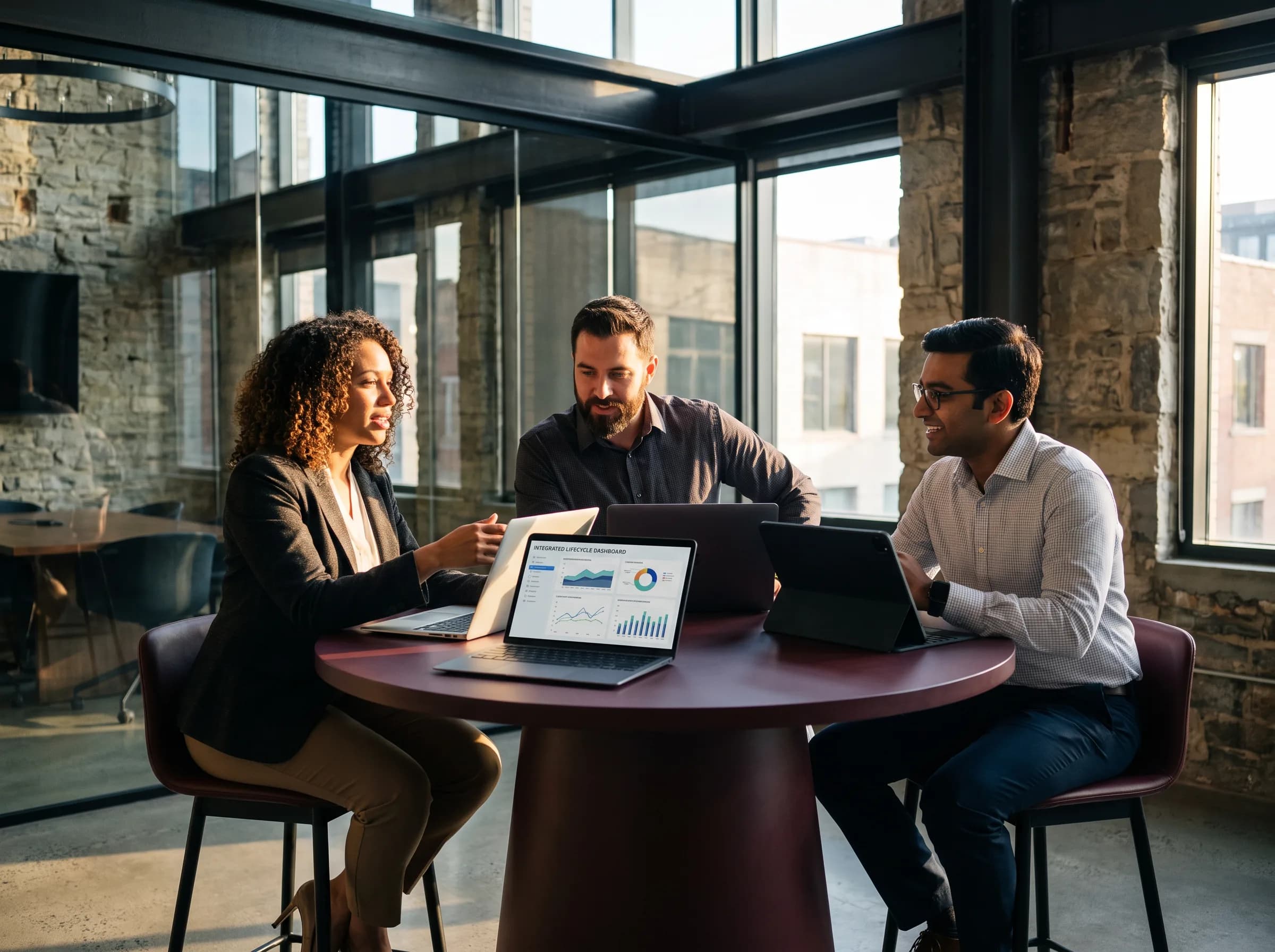 Two professionals reviewing work together in an office