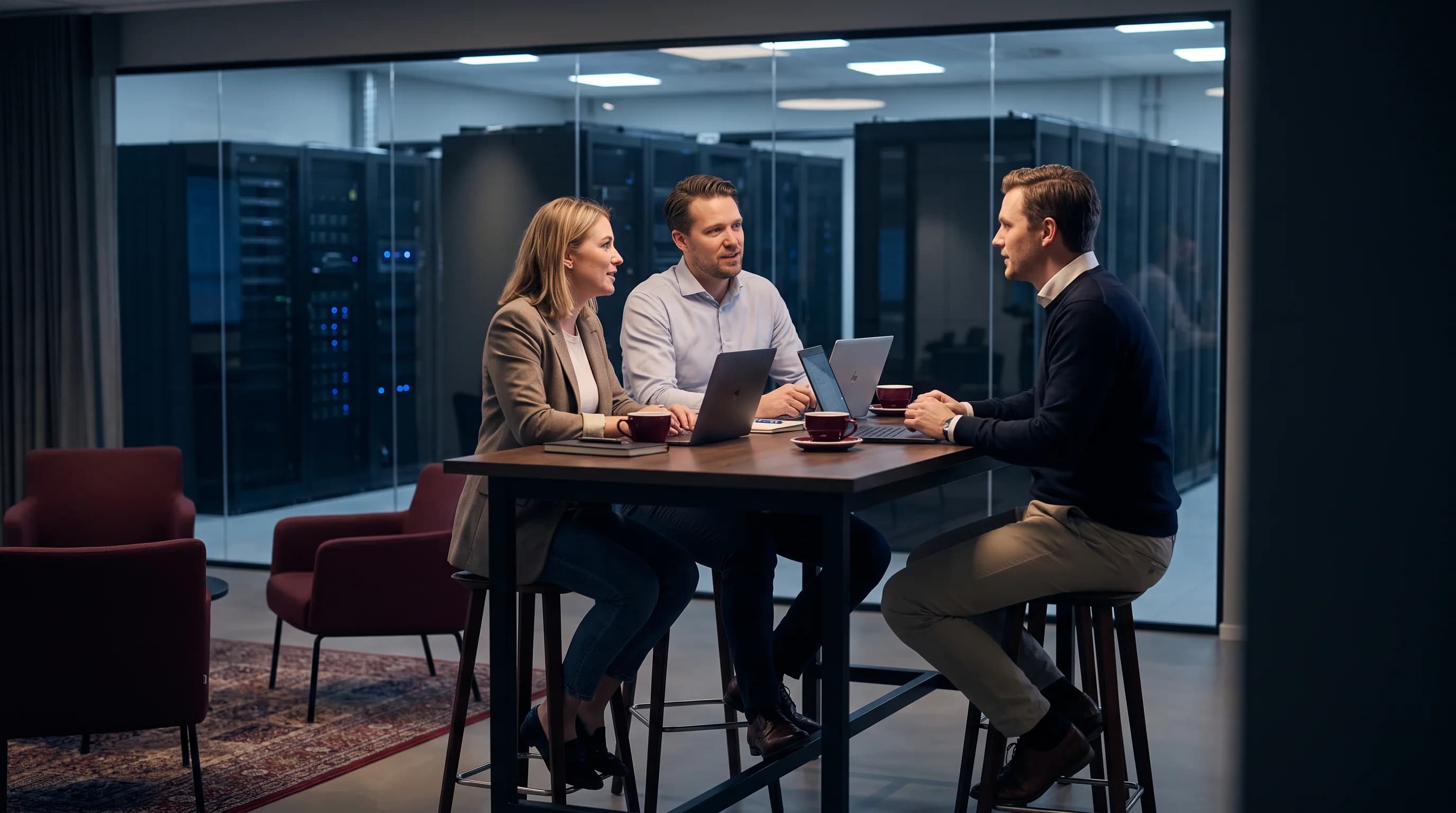 Insurance professionals collaborating in a data center meeting space