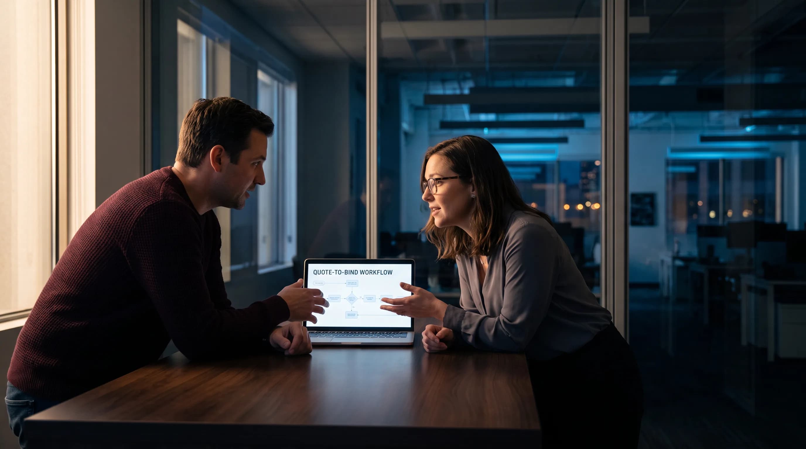 Underwriting team collaborating at a desk