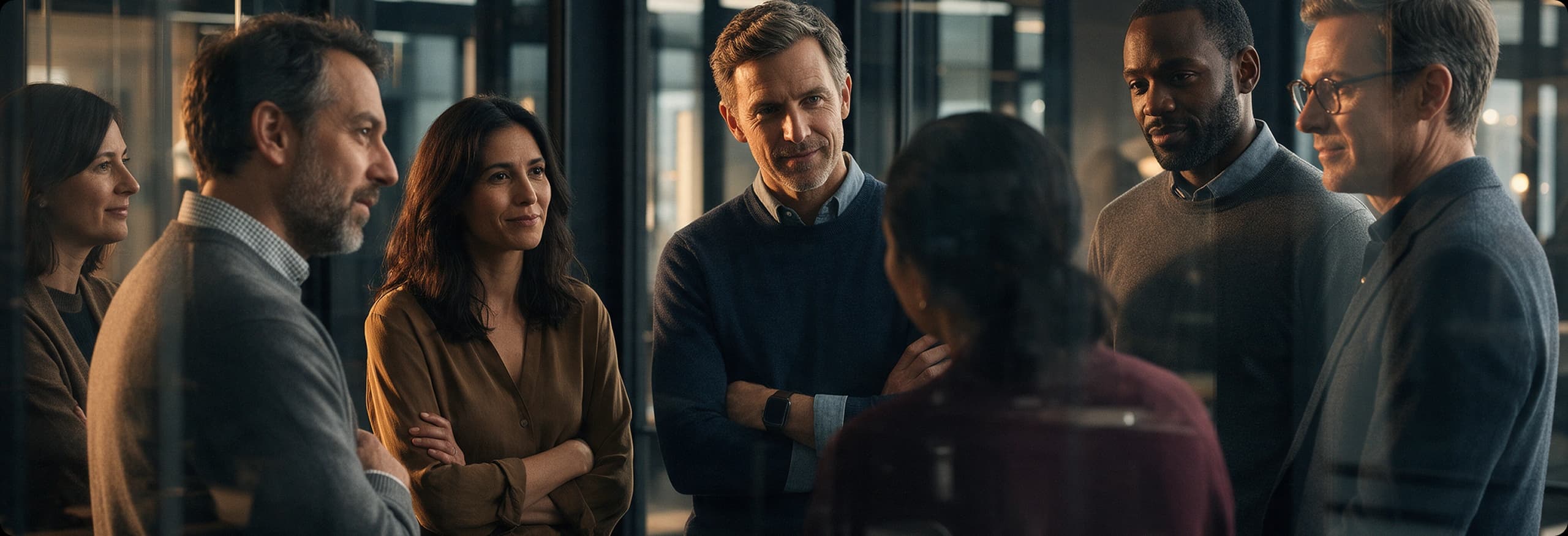 Colleagues in conversation in a glass-walled office