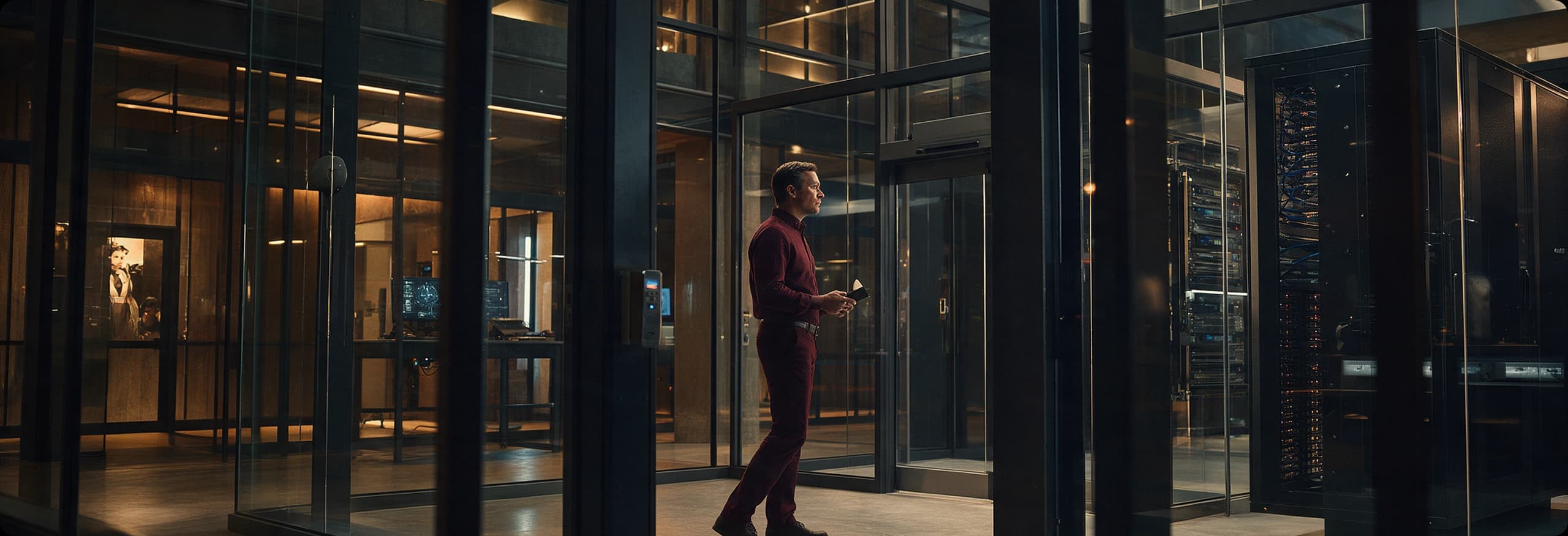 A colleague passing through a glass-partitioned corridor beside server racks