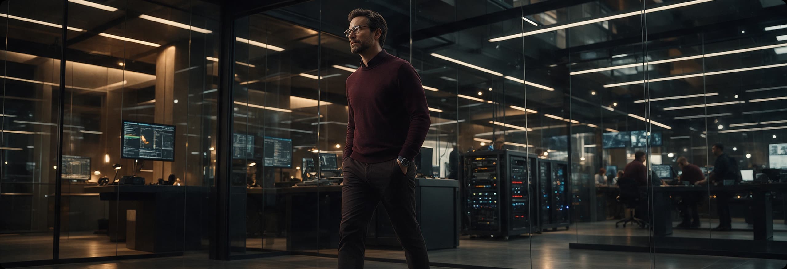 A colleague standing in a glass-walled operations centre lined with monitors