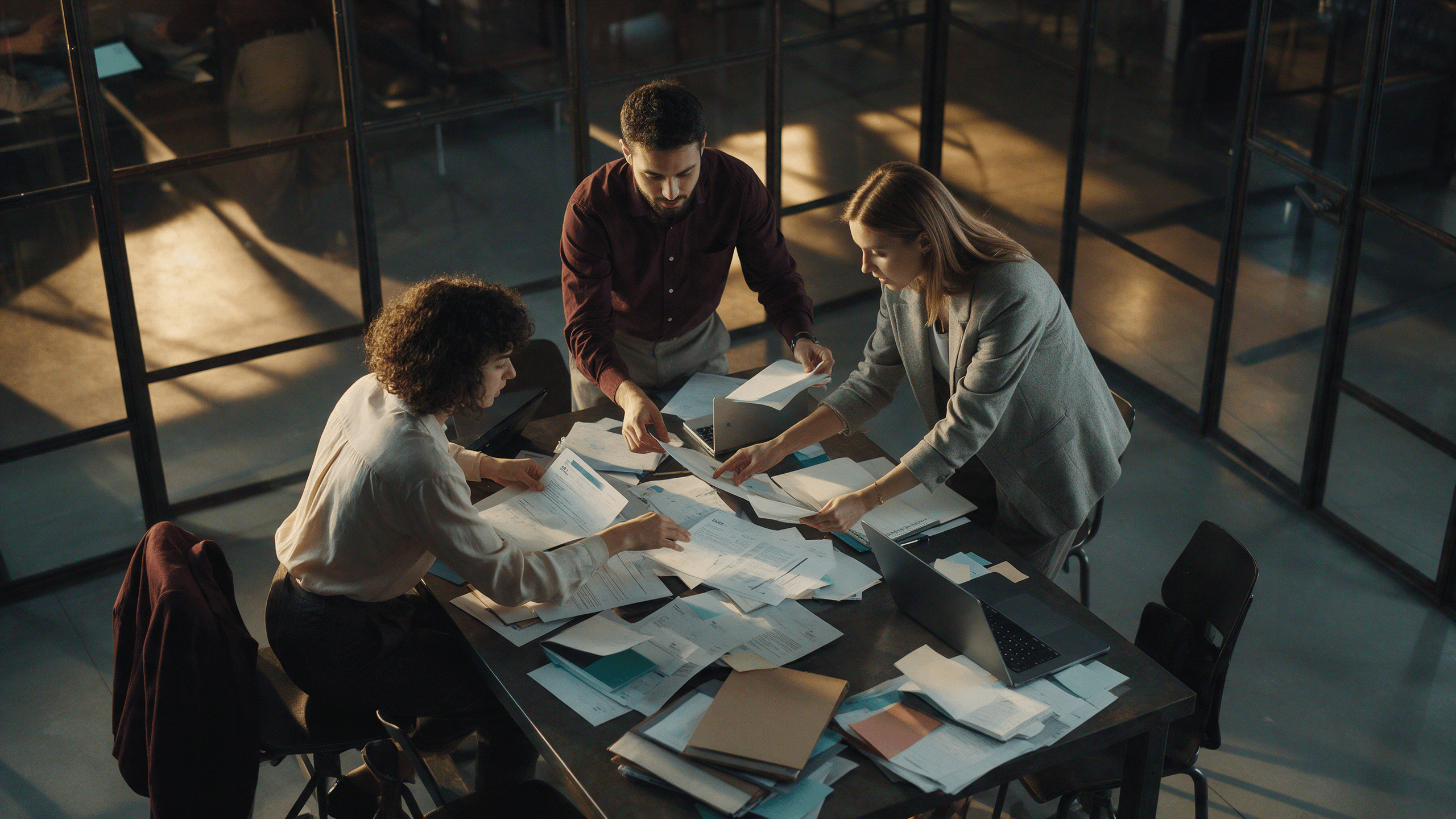 Three colleagues reviewing documents and laptops together at a table