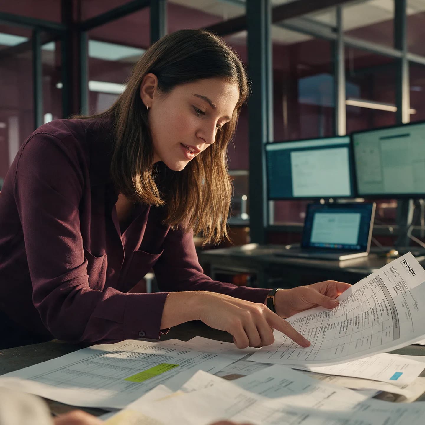 Professional reviewing printed insurance data at a desk