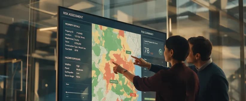 Colleagues reading a hazard exposure map on a large screen