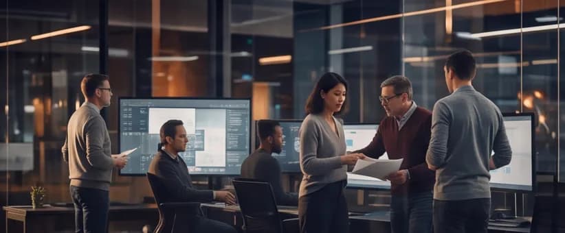 A team talking over printed reports beside an analytics floor
