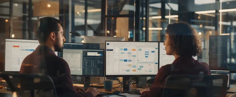 Two colleagues working across desks of pricing dashboards