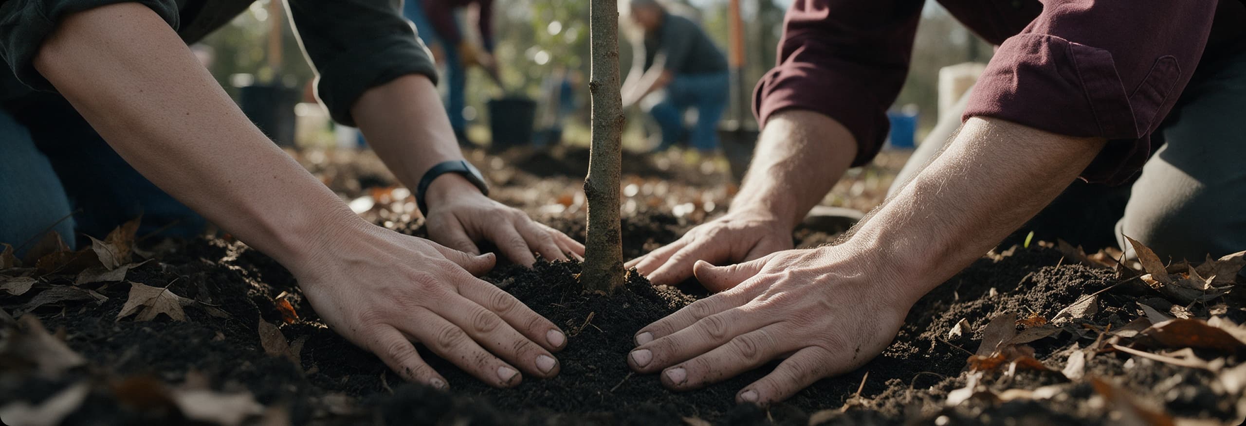 Hands pressing soil around a newly planted sapling
