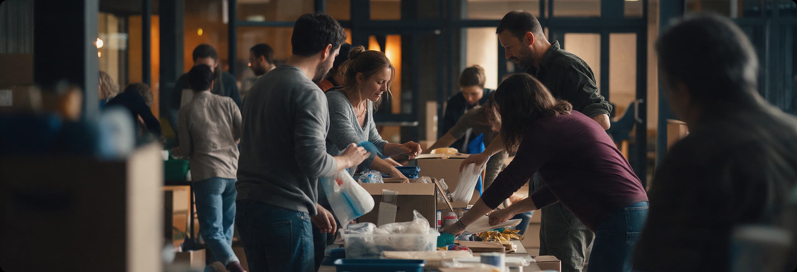 Volunteers sorting donated supplies into boxes at a long table