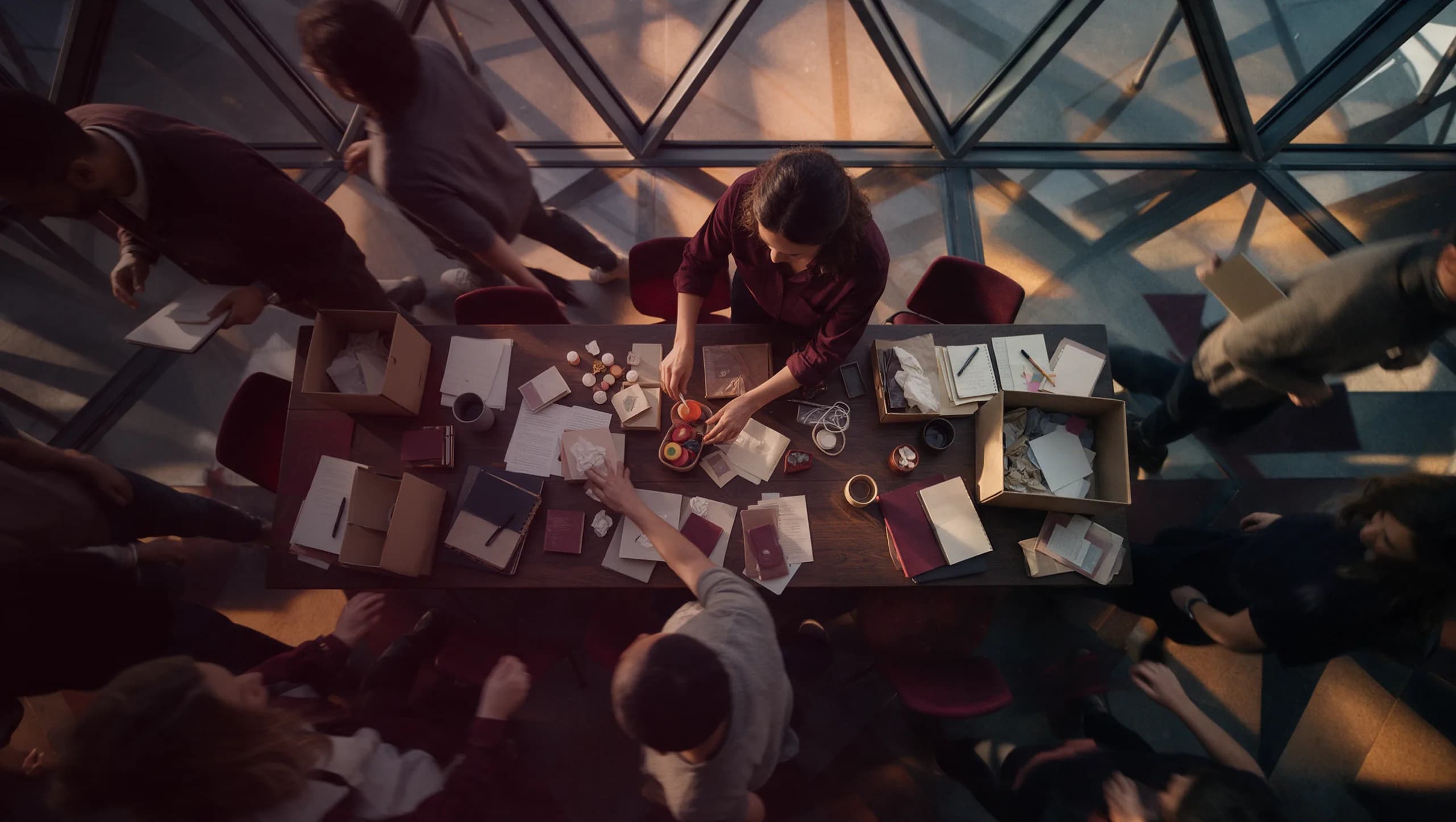 Colleagues gathered around a table of supplies, seen from above