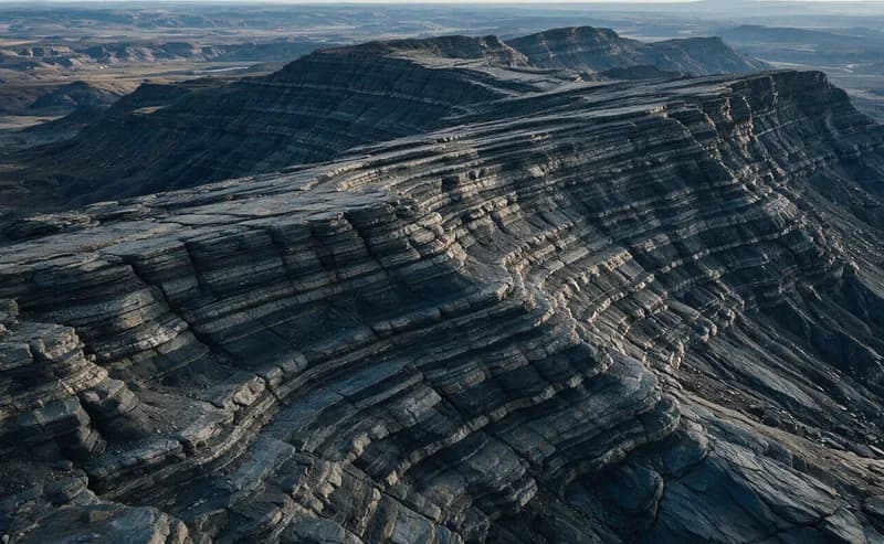 Layered rock strata across a canyon ridge