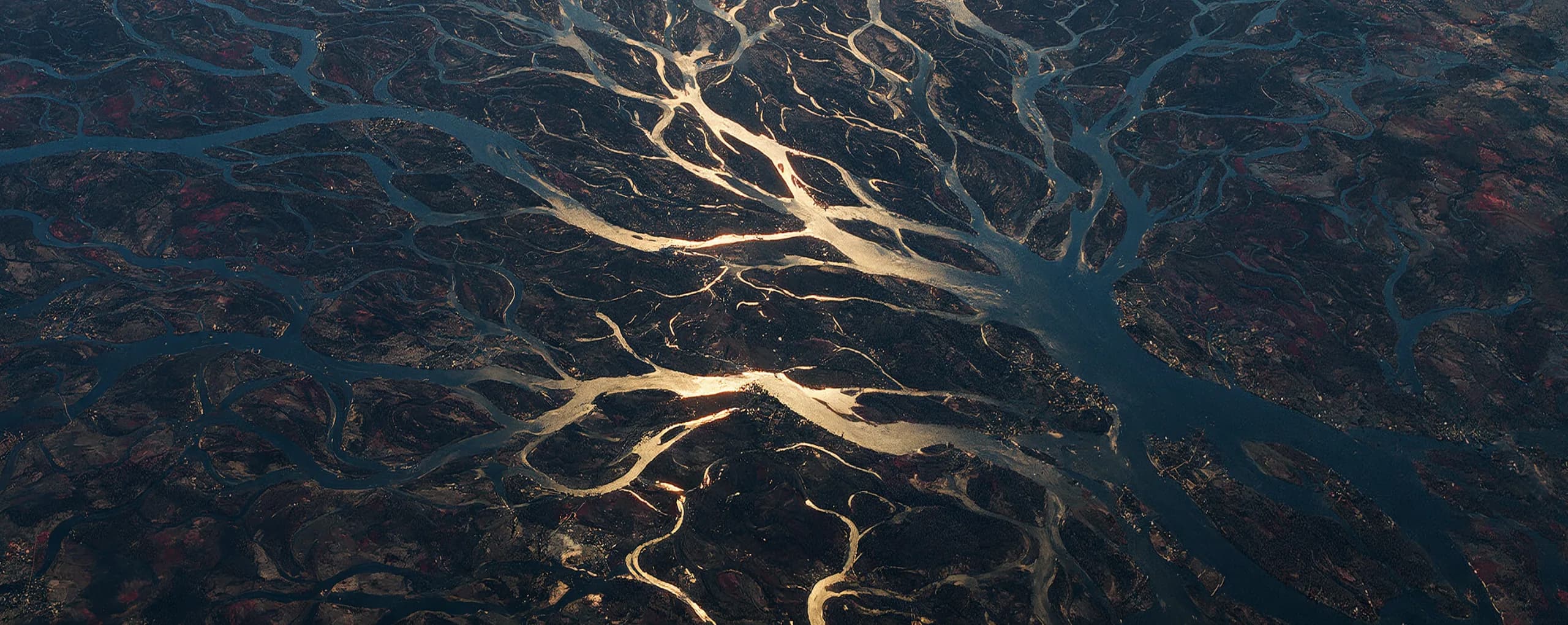 Aerial view of a river delta branching across the landscape
