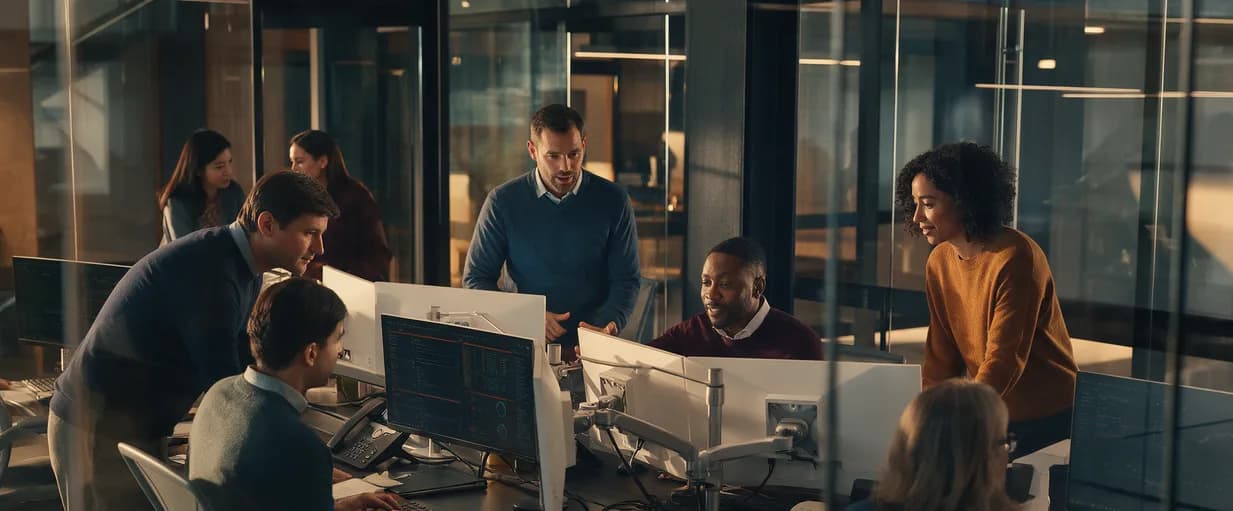 Technology team working together across workstations