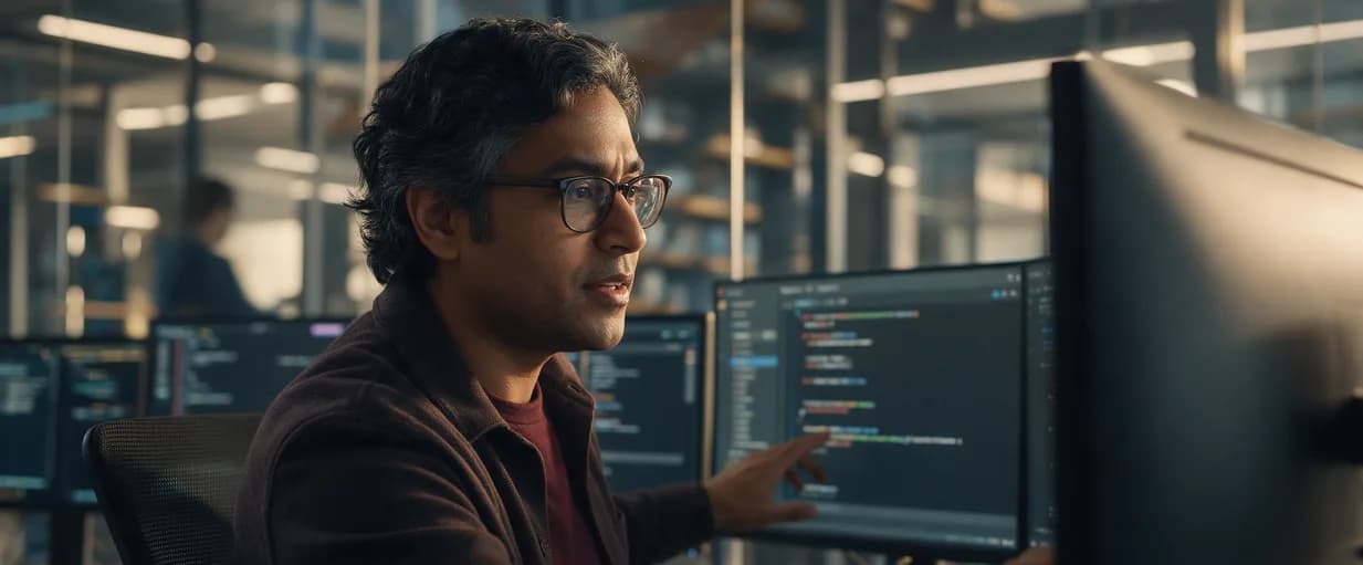 Engineer reviewing code on a monitor